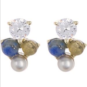 CAROLEE Stone & Freshwater Pearl Stud‎ Earrings, Blue, Pearl & Gold, NWT